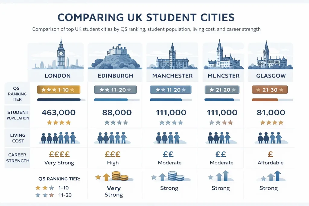 Comparison of best UK student cities by QS ranking, student population, living cost and career opportunities