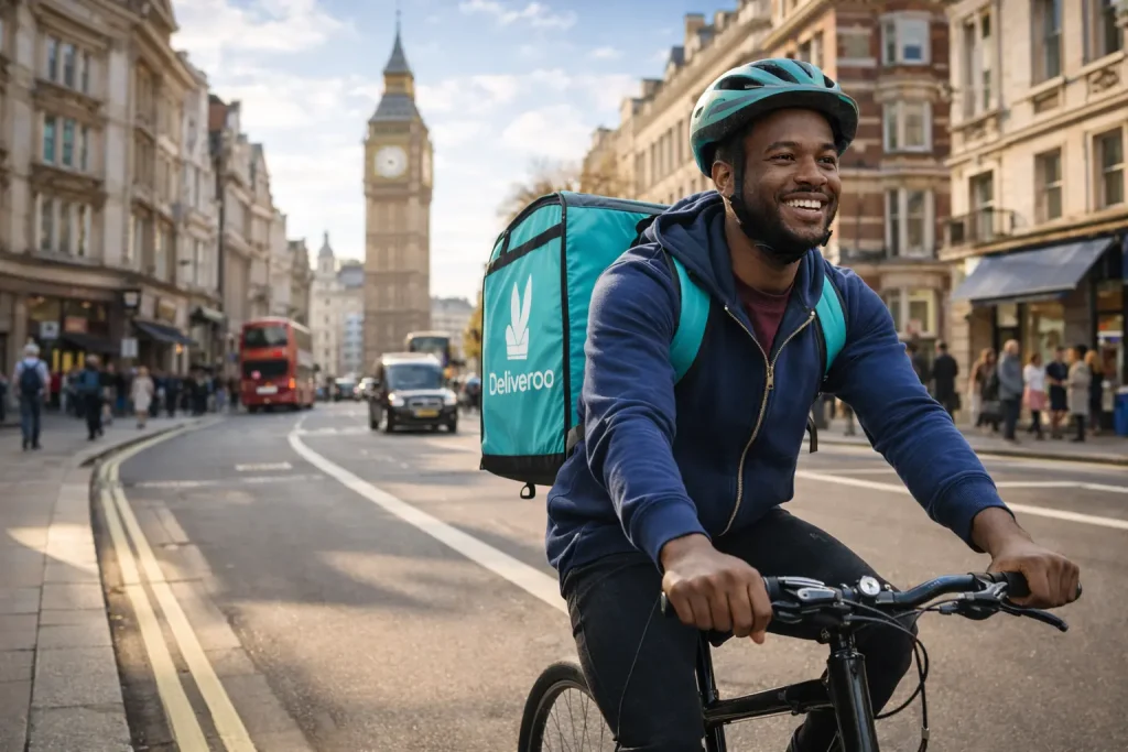 UK student working part time as a delivery rider through city streets