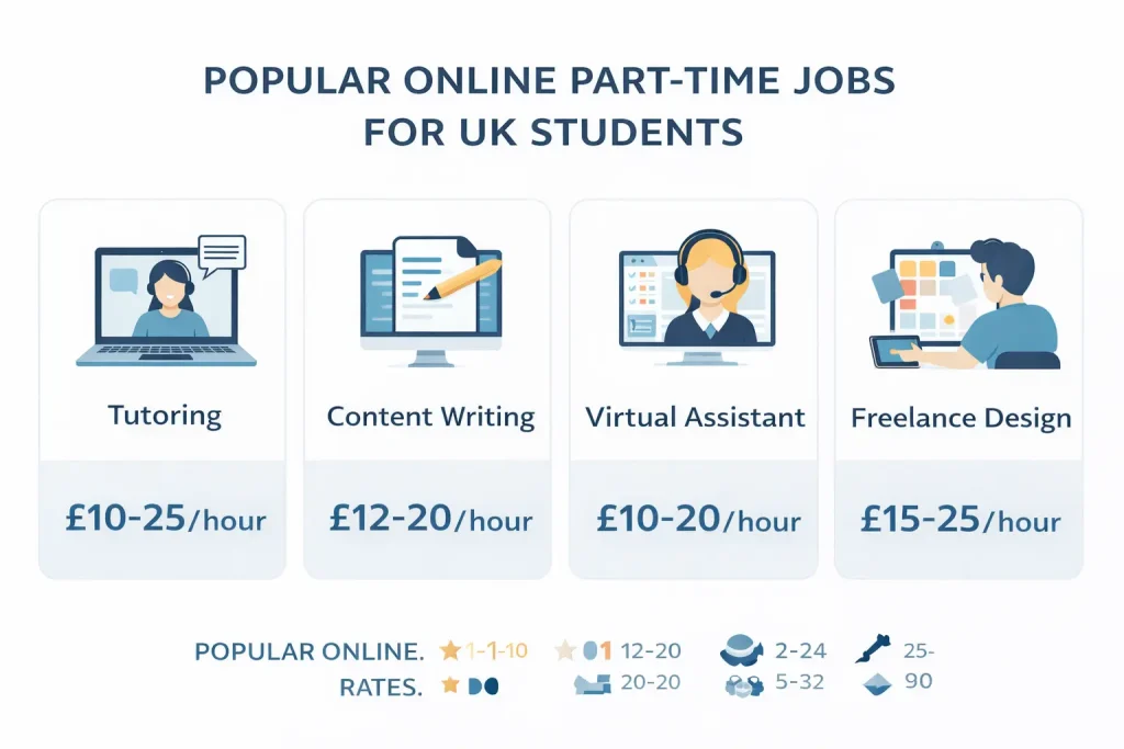 Chart of online part time jobs for students UK with typical hourly rates and job icons