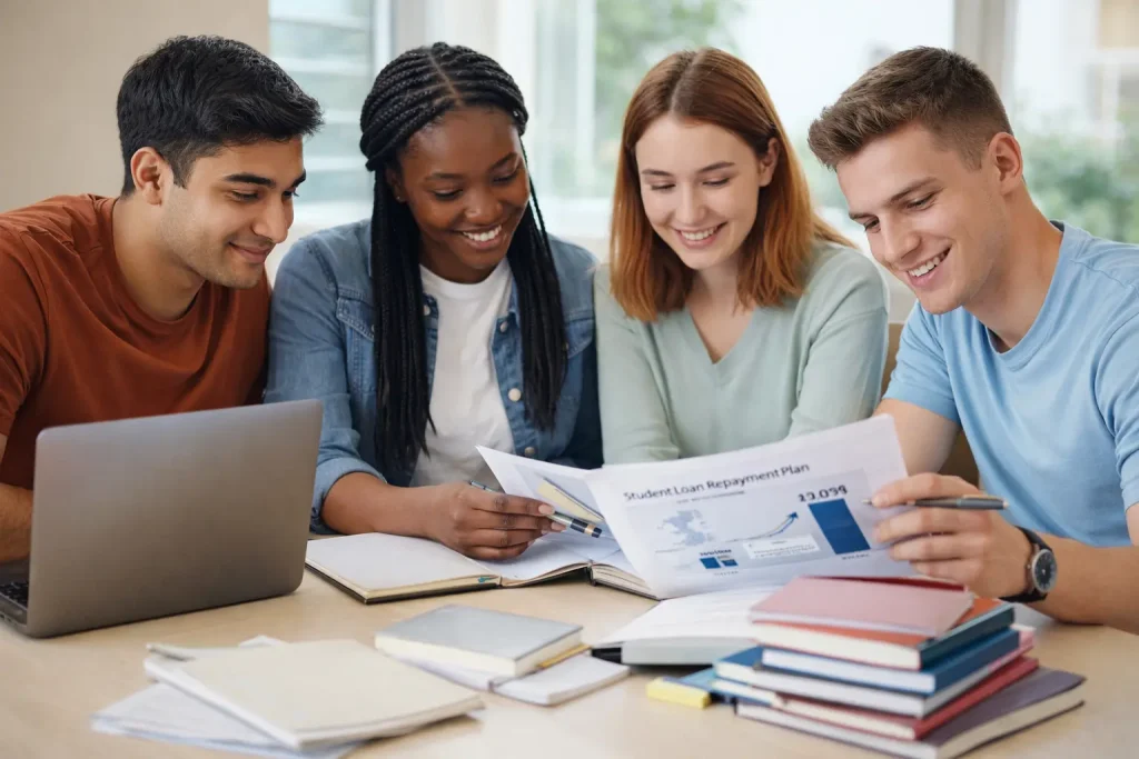 UK university students reviewing student loan repayment plans