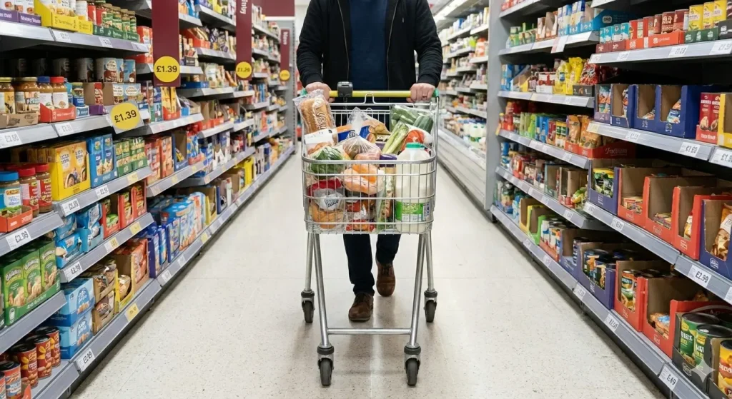 A shopper inside a busy UK supermarket aisle, representing daily food and grocery expenses in Manchester.