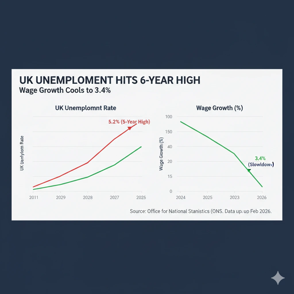 Chart comparing UK unemployment rate hitting 5.2 percent and wage growth slowing to 3.4 percent in February 2026