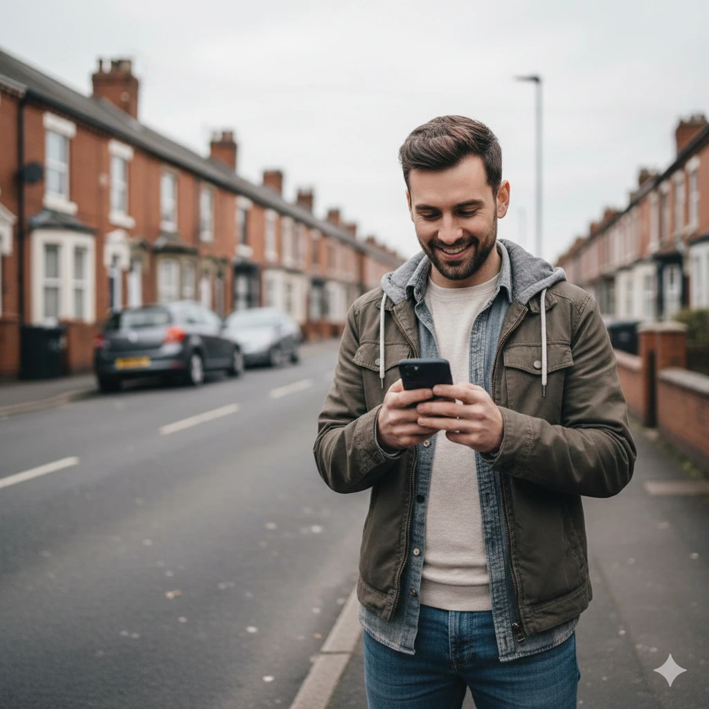Person checking mobile coverage on a smartphone in a residential area in West Yorkshire, UK