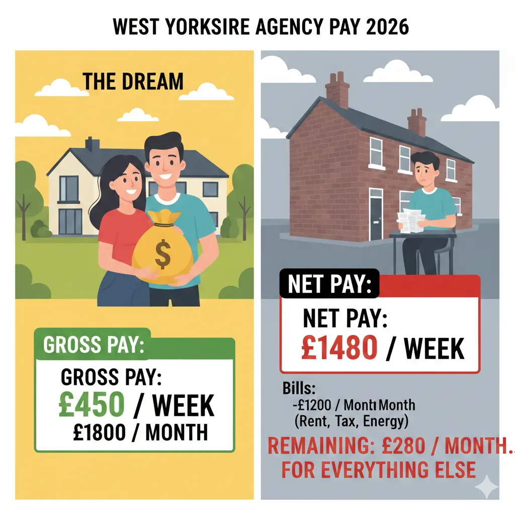 Infographic showing the salary breakdown of £450 gross vs £370 net agency pay and the £1,200 monthly cost of living struggle in West Yorkshire 2026