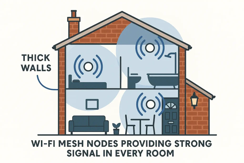 Smart Home Installation Cost in the UK (2026): Realistic Prices, Examples & How to Save Wi-Fi mesh system used in a UK home with thick walls for smart home connectivity