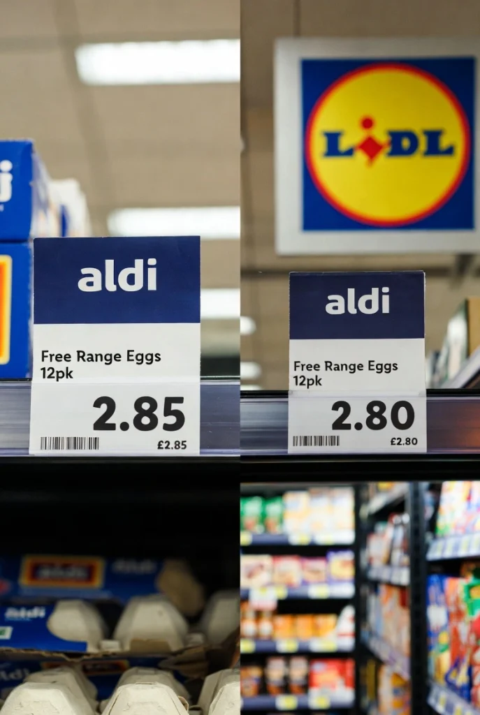 Side-by-side close-up comparison of price tags for chicken and eggs at Aldi and Lidl in 2026.