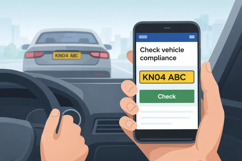 Driver checking vehicle CAZ compliance using an online vehicle checker