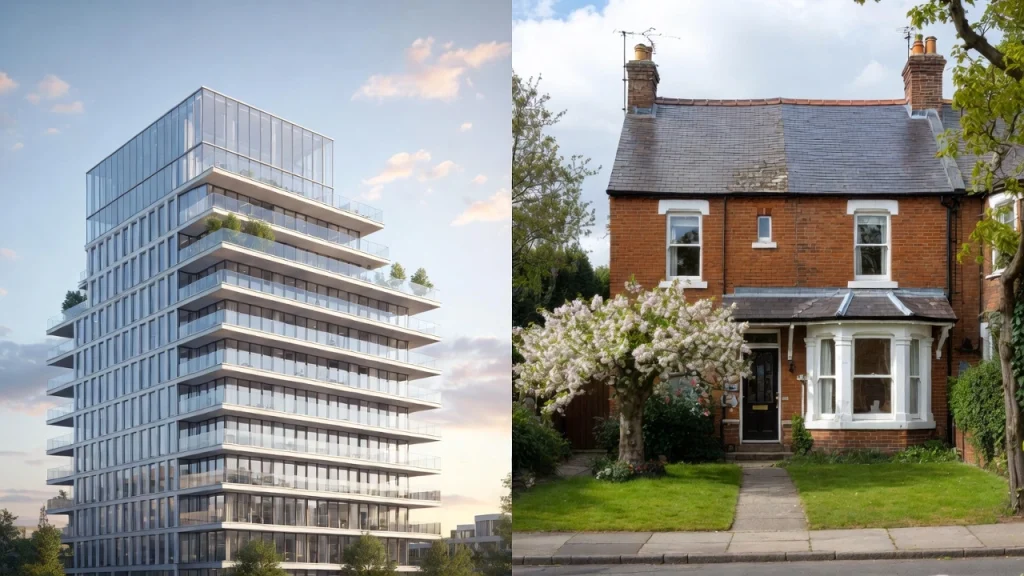 Modern high-rise apartment block in Croydon next to a leafy Victorian residential street in Bromley.