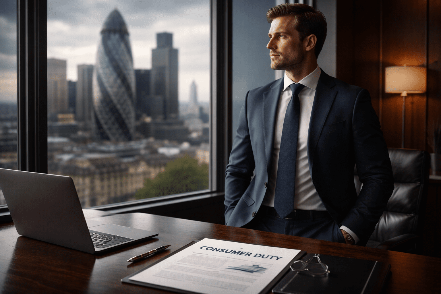A professional mortgage advisor looking pensive in a modern office, symbolizing the need for updated financial skills.