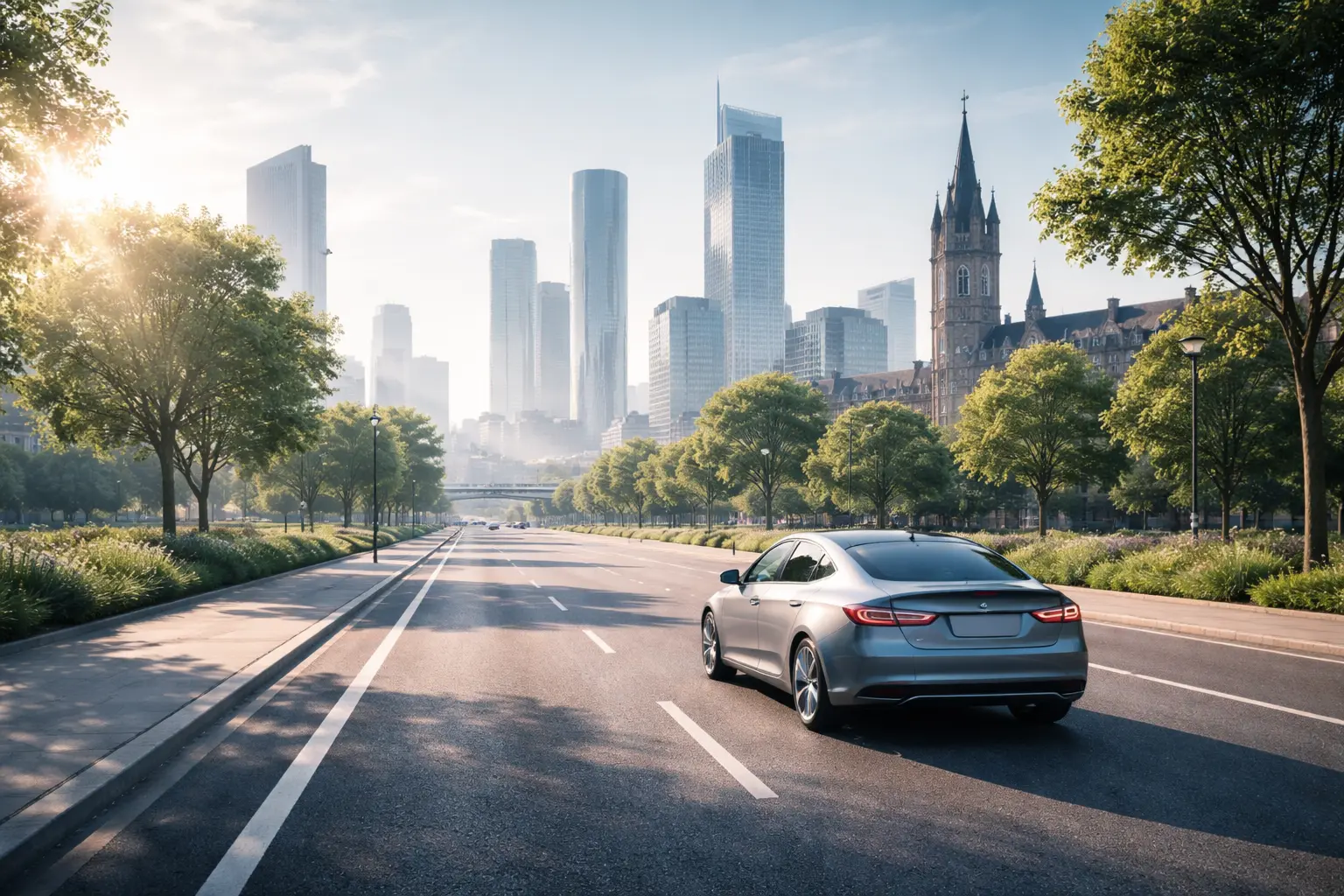 Manchester skyline with a car on a city road, illustrating Clean Air Zone guidance