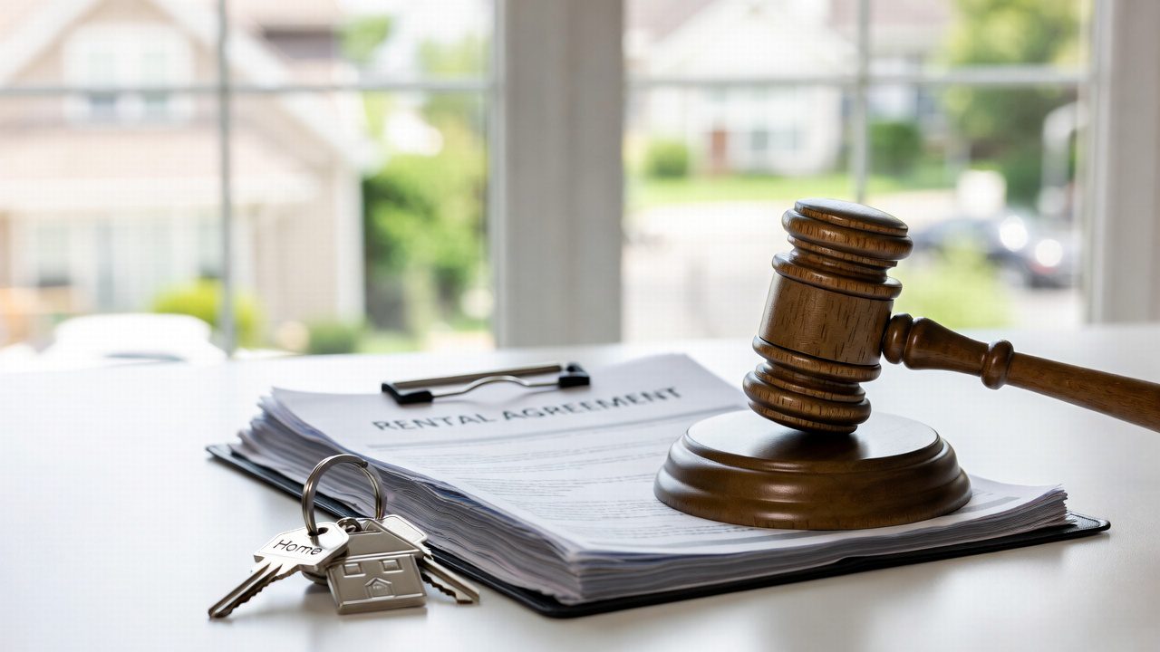 A gavel resting on top of a rental agreement and a set of house keys, symbolizing legal protection for landlords under the Renters' Rights Bill.