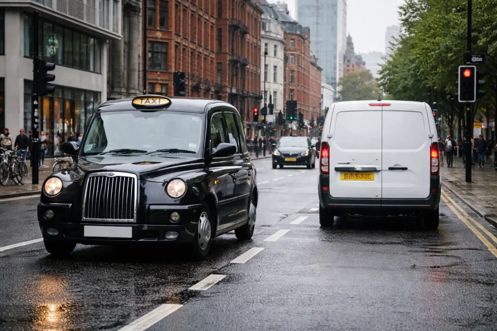 Taxi and delivery van in Manchester, vehicles often discussed in CAZ plans