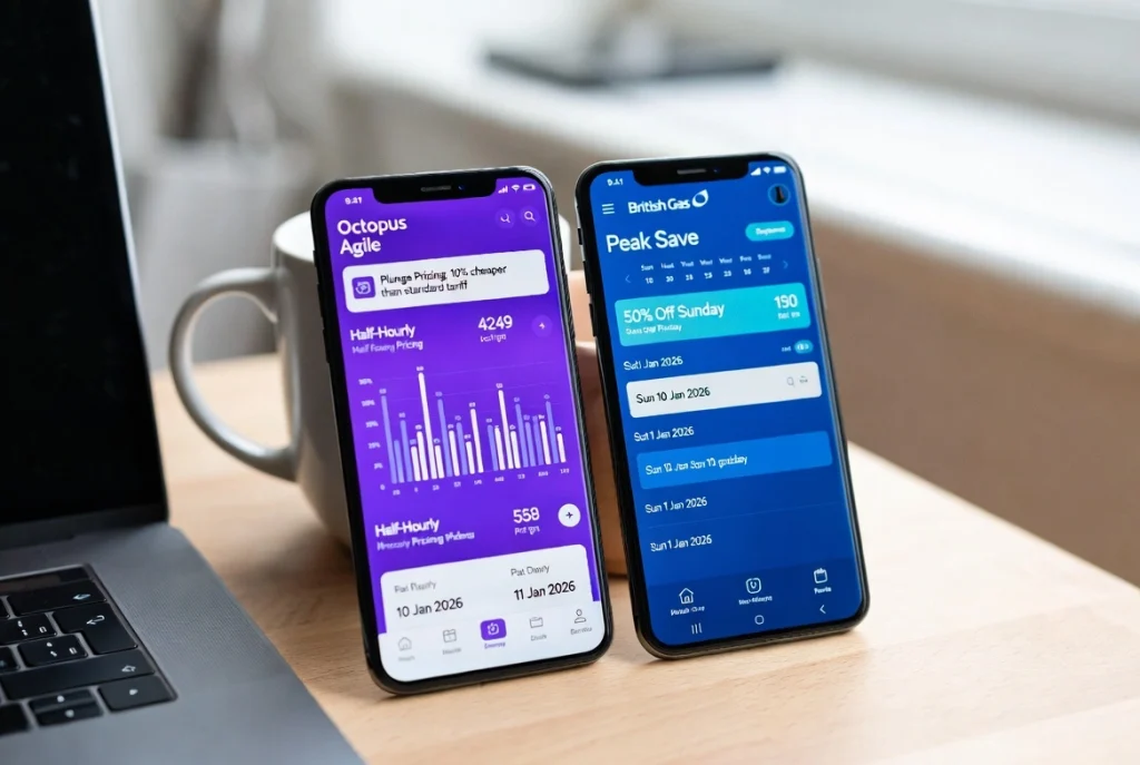 Real-time comparison of the Octopus Energy Agile app pricing graph vs. the British Gas Peak Save event calendar on smartphone screens.