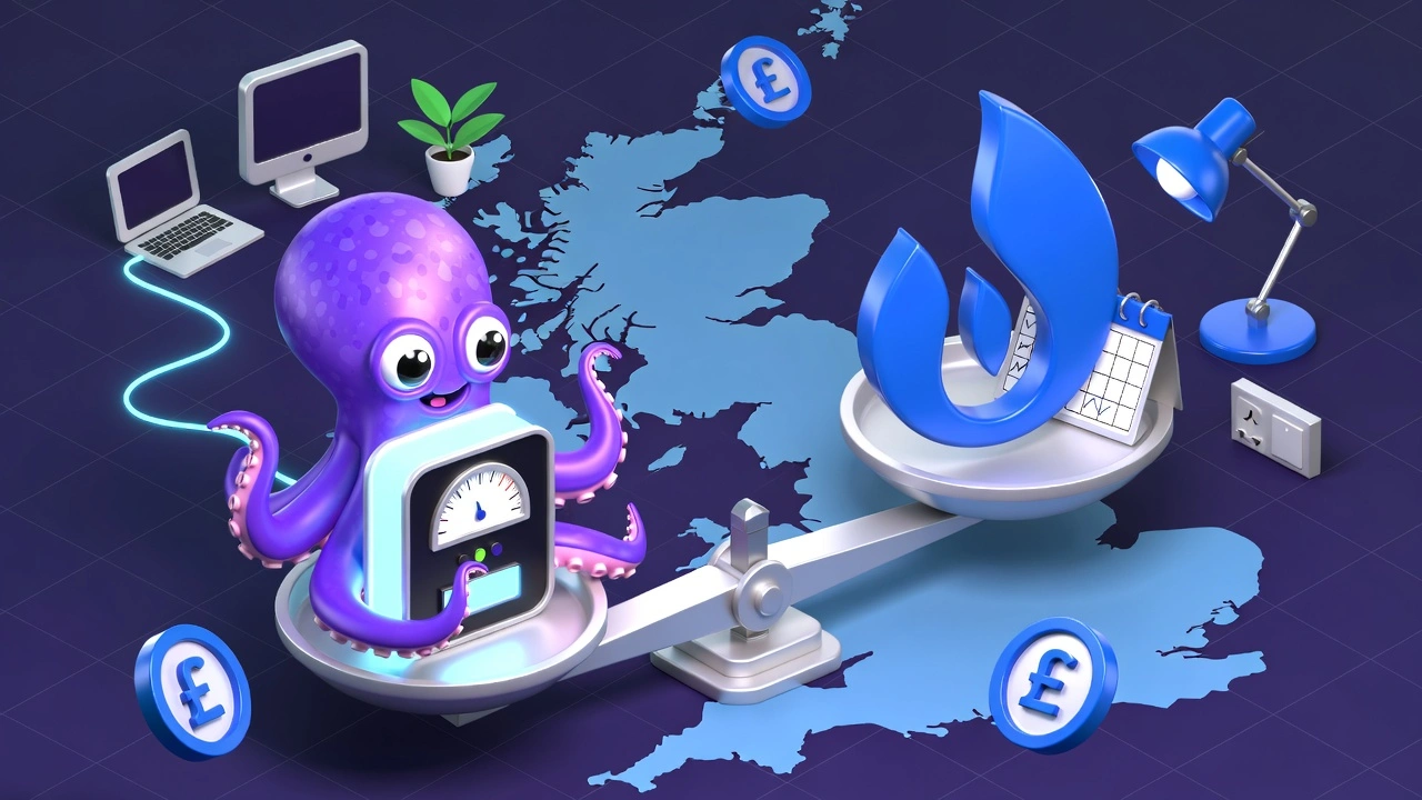 Illustration of a smart meter comparison between Octopus Energy and British Gas for home office energy savings in the UK.