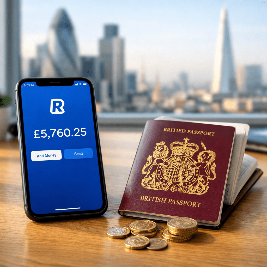 A smartphone displaying the Revolut app next to a UK passport, symbolizing the new full UK banking licence and FSCS protection.