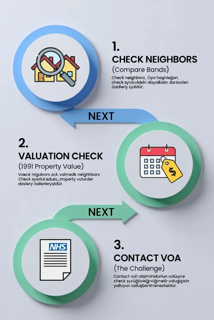 the three steps to challenge your council tax band in the UK: 1. Check neighbors, 2. Check 1991 value, 3. Contact VOA.