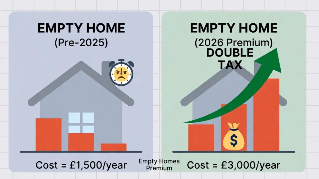warning about the new 2026 UK council tax rule where empty homes pay double tax (200% premium).