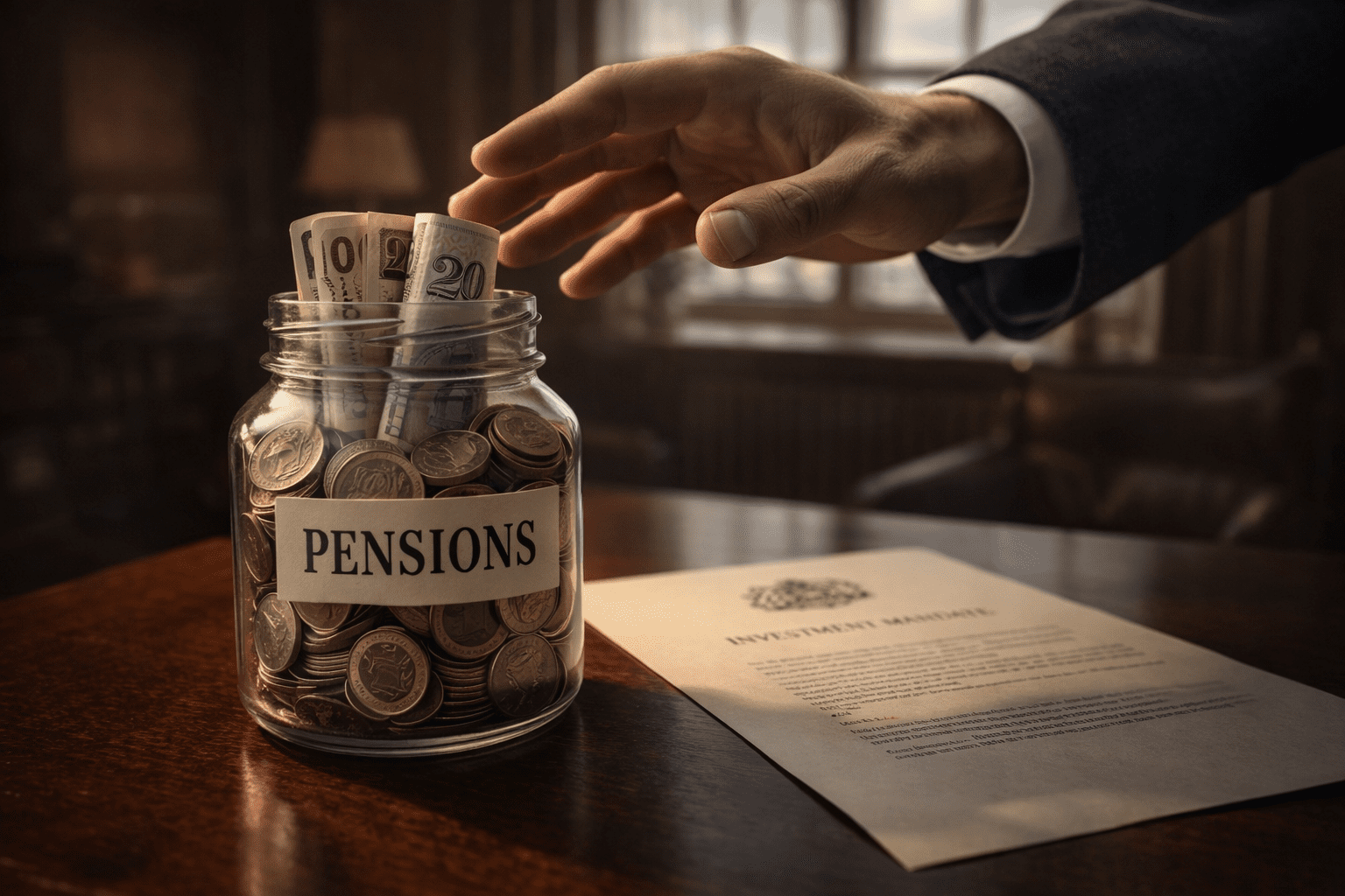 A conceptual image showing a hand reaching for a jar of coins labeled "Pensions," representing the government bid to dictate investment strategies.
