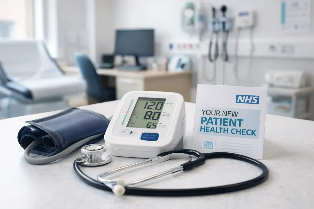 A close-up photo of an NHS health check kit on a clean surface: a digital blood pressure monitor, a stethoscope, and an NHS branded health questionnaire.