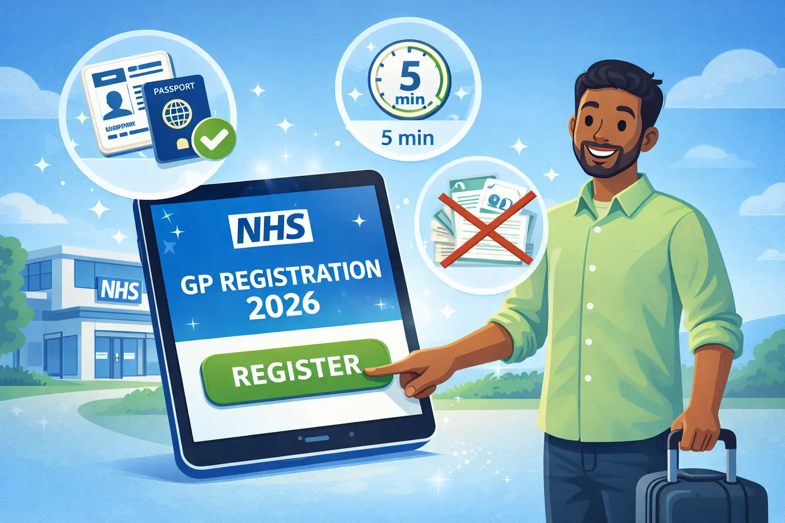 Featured image illustration for a guide on how to register with a UK GP in 2026, showing a digital NHS registration portal and key newcomer icons.