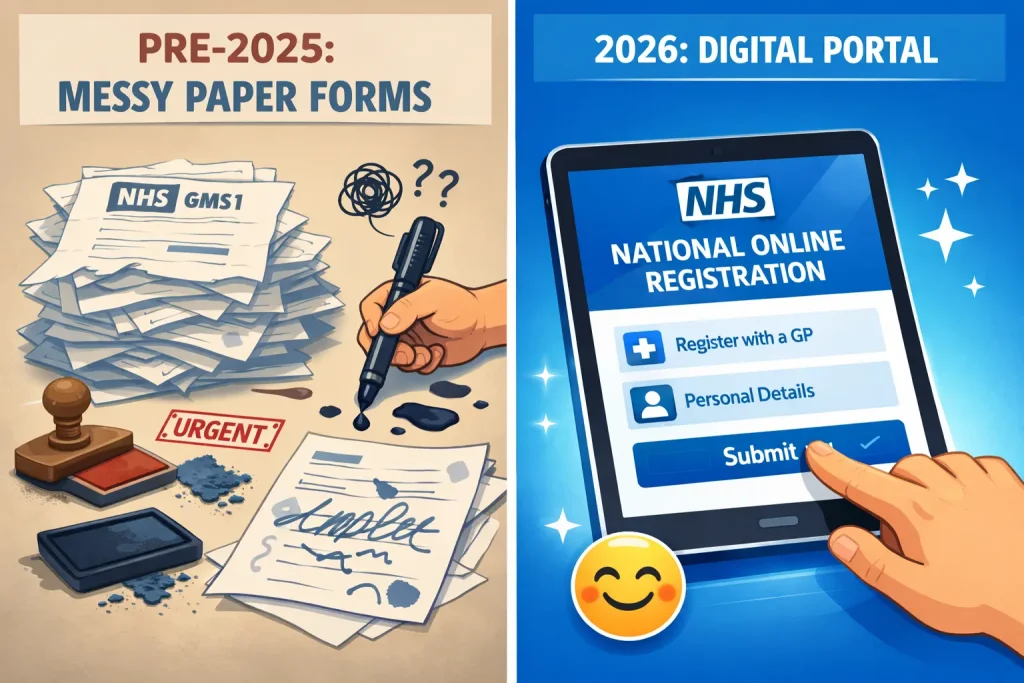Infographic comparing the old messy paper GMS1 form registration process versus the new 2026 clean digital NHS online portal.