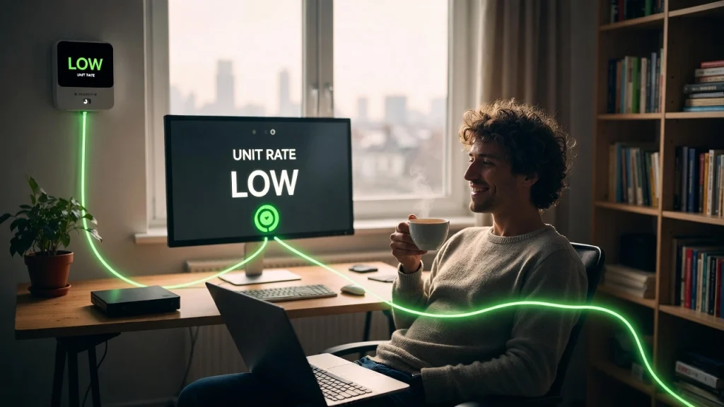 Happy remote worker in a London home office looking at a smart meter showing low energy rates from a smart tariff.