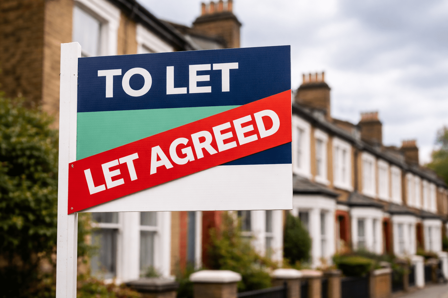 A "To Let" sign in a British residential street with a "Let Agreed" sticker, symbolizing the 6-year low in rental supply.