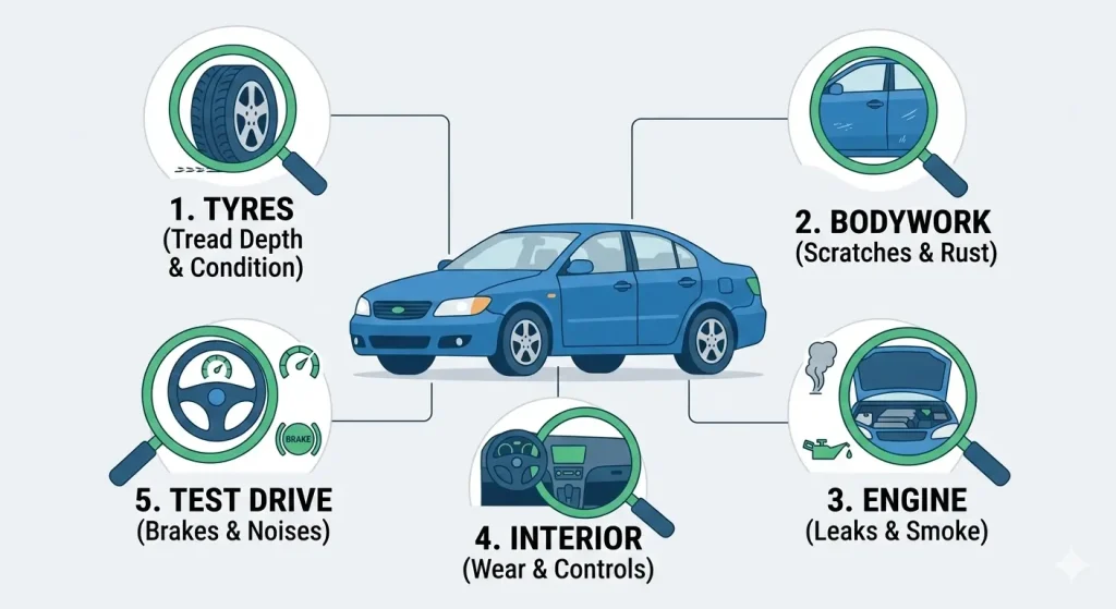 Infographic of a physical inspection checklist for buying a used car in the UK including bodywork, tires, and engine check.