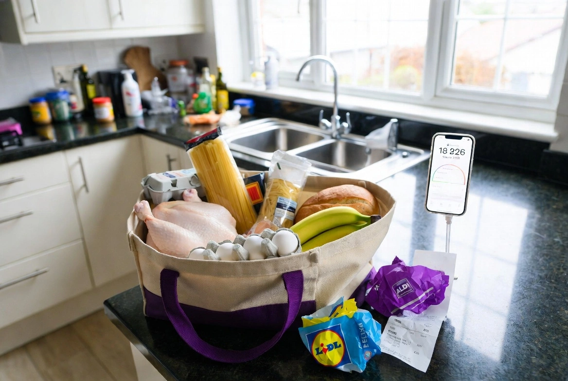 A full reusable grocery bag with Aldi and Lidl receipts on a kitchen counter for a 2026 UK £50 challenge.