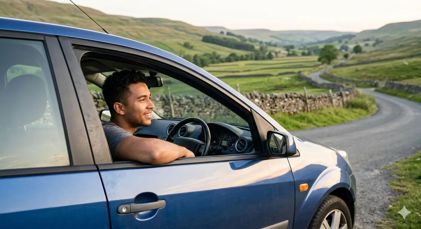 A happy newcomer driving a used Ford Fiesta through the scenic Yorkshire Dales landscape near Featherstone